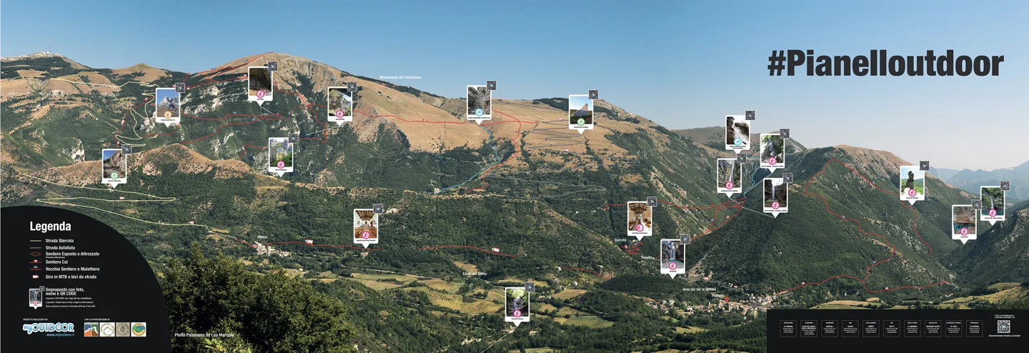 Mappa panoramica dei percorsi Pianello Outdoor sul versante sud del Monte Nerone